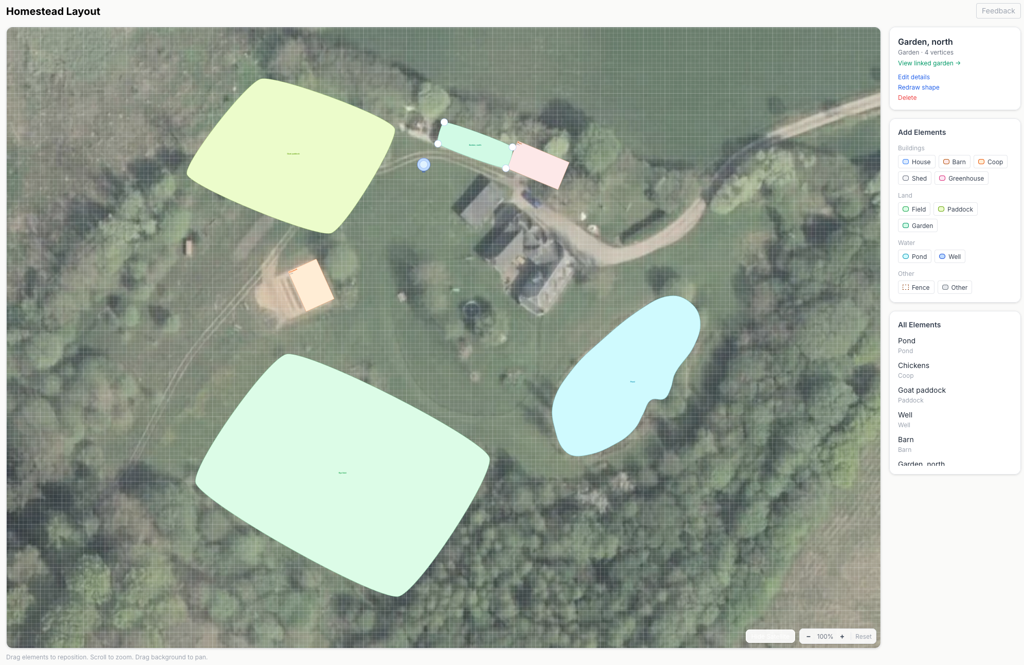 Homestead layout planner with satellite view, buildings, fences, and paddocks on an interactive canvas